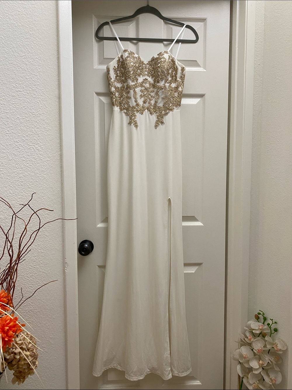 City Triangles Ivory Gown with Gold Appliqué Bodice